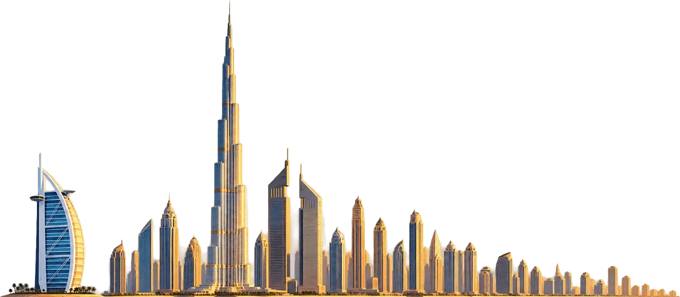 Dubai skyline, with the Burj Khalifa and the Burj Al Arab