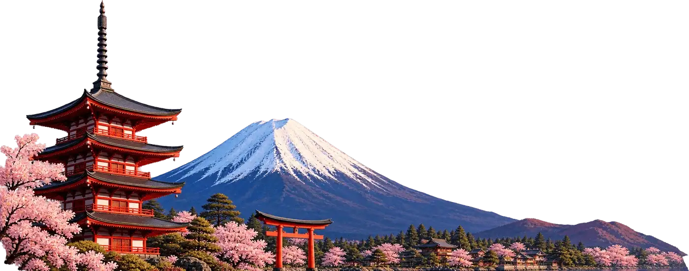 Mount Fuji, a pagoda and a torii gate, Japan
