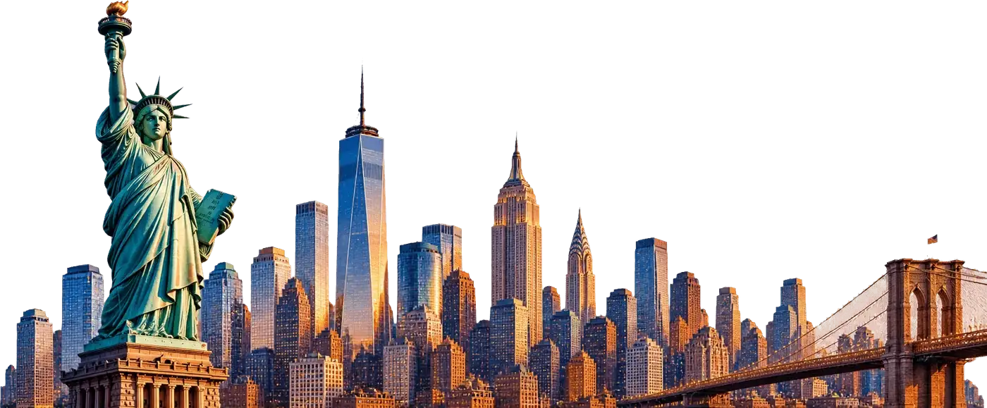 New York skyline, with the Statue of Liberty and the Brooklyn Bridge